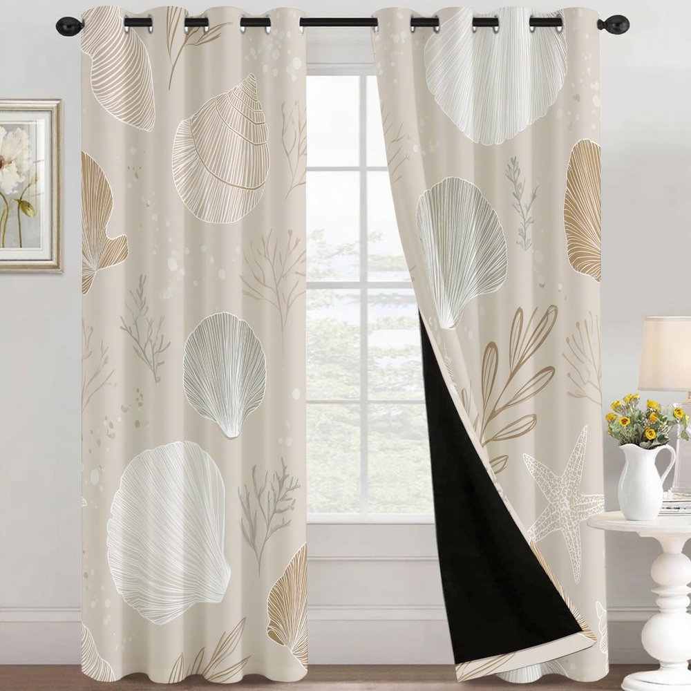 Seashell Bedroom Curtains 63 Inch - Beige Nautical Coastal Beach Printed Living Room Curtains, Seashell Home Decor Blackout Window Drapes with Grommet, 2 Panels Set - HL11333
