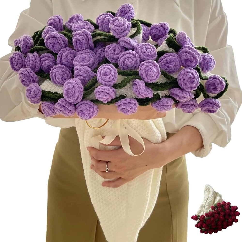 38 Type Finished Flower Bouquet Blanket, Crochet Flower Bouquet Blanket Finished, Rose Blankets Bouquets, crochets Rose Knitted Throw Flowers Romantic Gifts for Women (Purple, 23.62in)