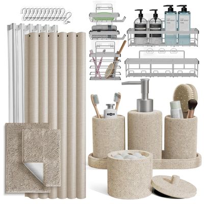Clara Clark Beige Bathroom Set - Bathroom Sets with Shower Curtain and Rugs, 26PC Bathroom Accessory Set, Shower Curtain Set with Adhesive Corner Shower Caddy Hanging & Soap Dispenser