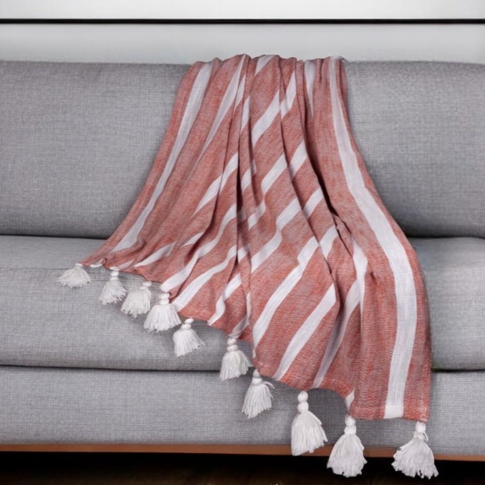 HomeRoots 548932 50 x 60 in. Rust Woven Cotton Striped Throw Blanket with Tassels