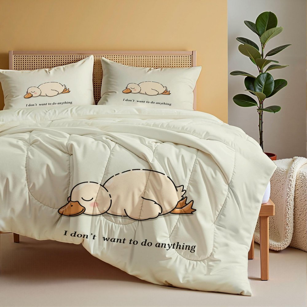 ANALTIRCE Coverless Quilt Set with 2 Pillowcases, 7.5 Tog 80" x 90" Size Reversible Duvet All Seasons with Cartoons Animals Pattern, Lightweight and Warm Cream 3 Comforter Full