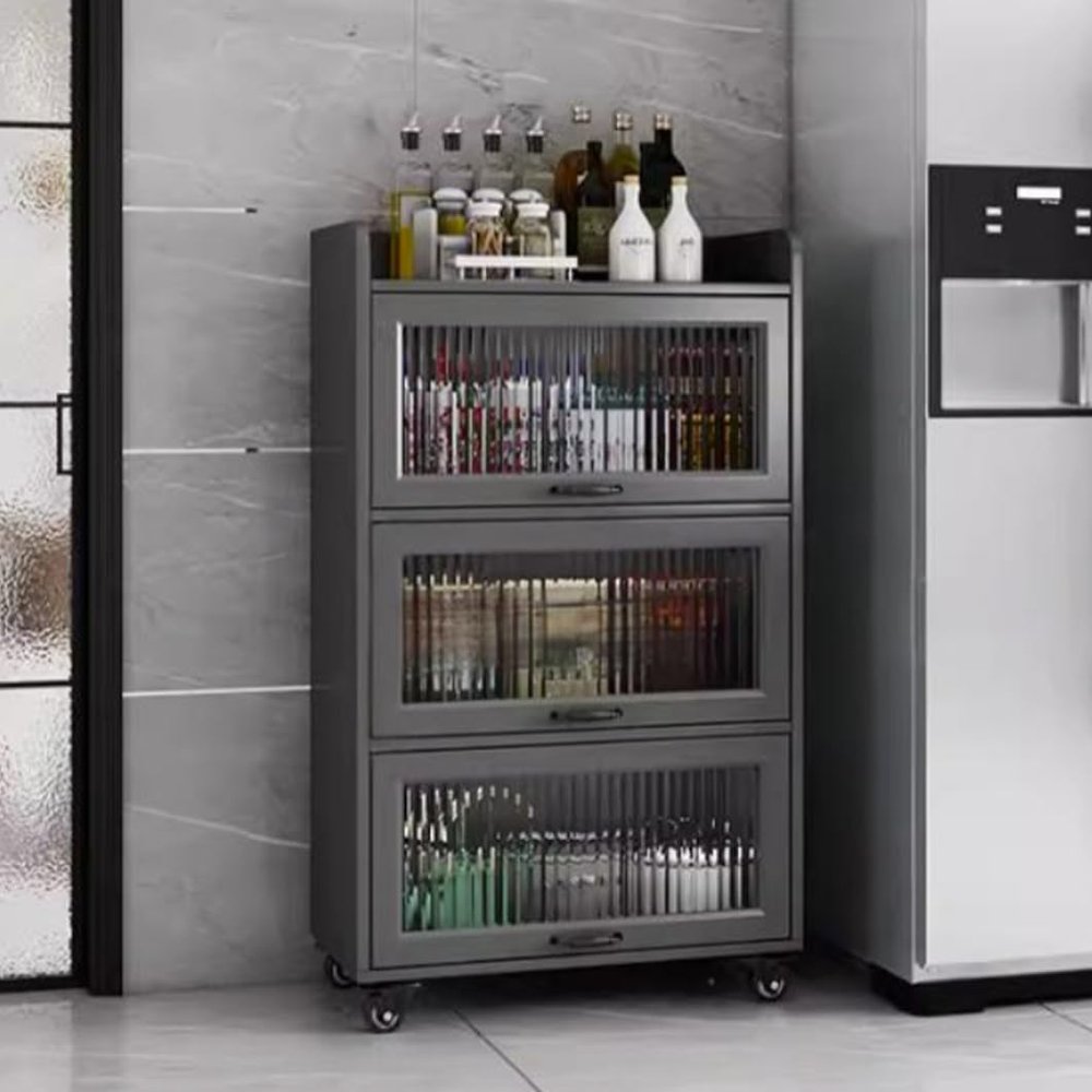 YVYKFZD Rolling Spice Rack, Slim Storage Cart, Mobile Kitchen Utility Cart with Wheels and Tempered Glass Doors, Narrow Standing Shelf, Space Saving Bathroom Organizer(Gray,4 Tier 15.7"x15.7"x50.5")