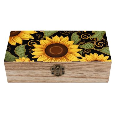 FodPand Wooden Box for Keepsake, Beautiful Sunflower Storage Chest with Retro Lock, Large Decorative Container Box for Home, Jewellery Organiser for Makeup, 7.9x3.9x2.3Inches