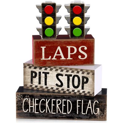 Lineshading 4 Pcs Race Car Wooden Tiered Tray Decor Tabletop Block Signs