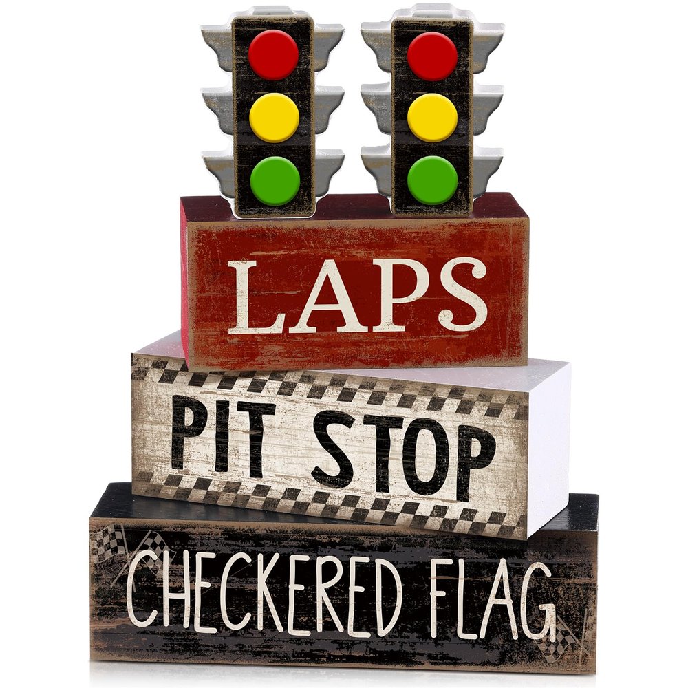 Lineshading 4 Pcs Race Car Wooden Tiered Tray Decor Tabletop Block Signs