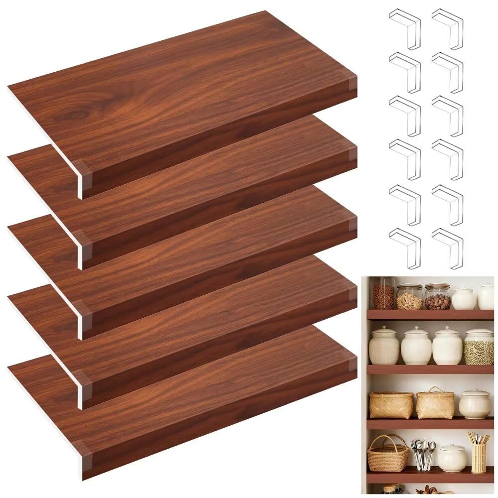 5 PCS Shelf Covers for Wire Shelving, Walnut Wire Rack Cover 1834 In, 3 In High Faux Wood Covers for Wires Shelves, 0.3 In Thick Waterproof PVC Wires Shelving Cover for Closet Pantry Kitchen Bathroom