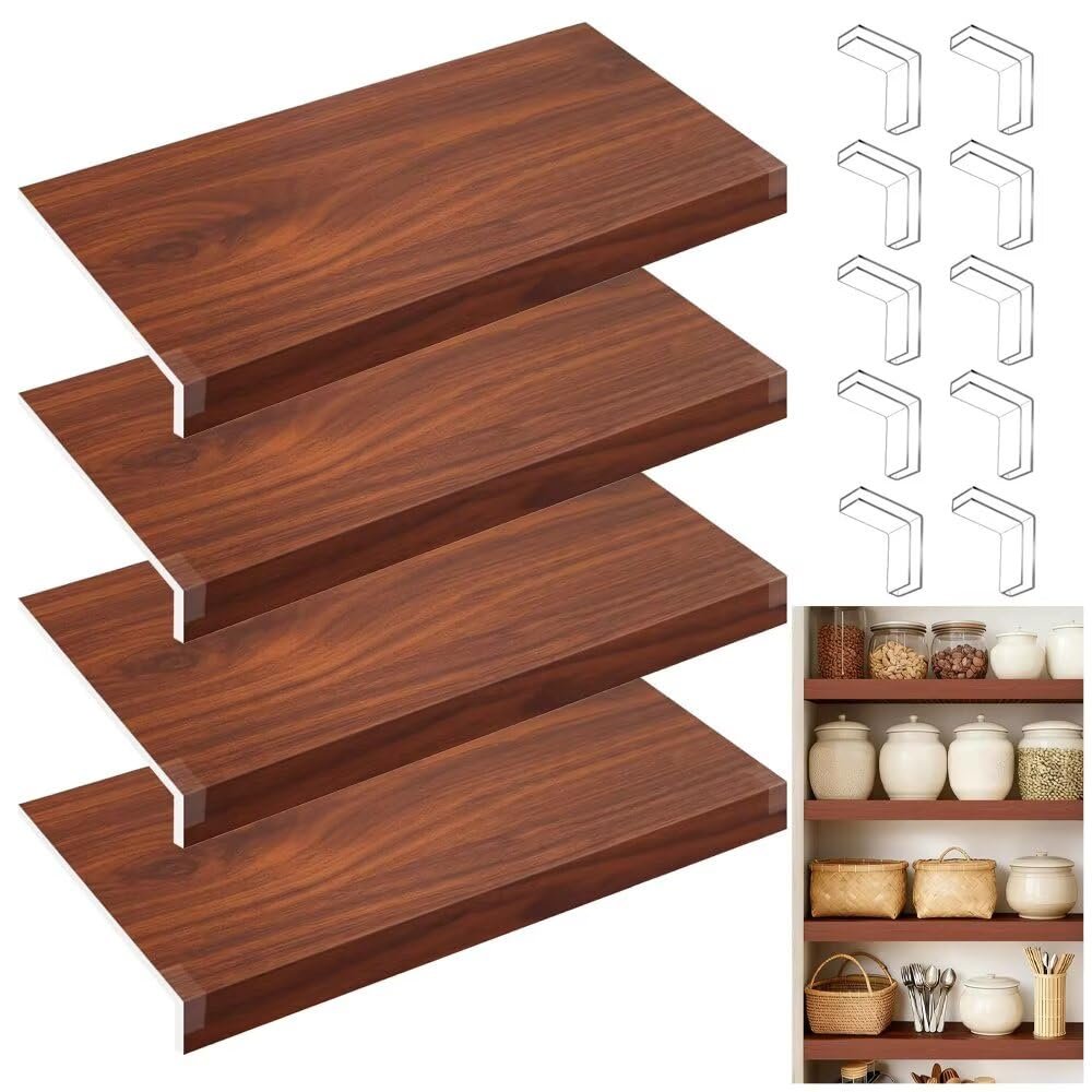 4 PCS Shelf Covers for Wire Shelving, Walnut Wire Rack Cover 1823 In, 3 In High Faux Wood Covers for Wires Shelves, 0.3 In Thick Waterproof PVC Wires Shelving Cover for Closet Pantry Kitchen Bathroom