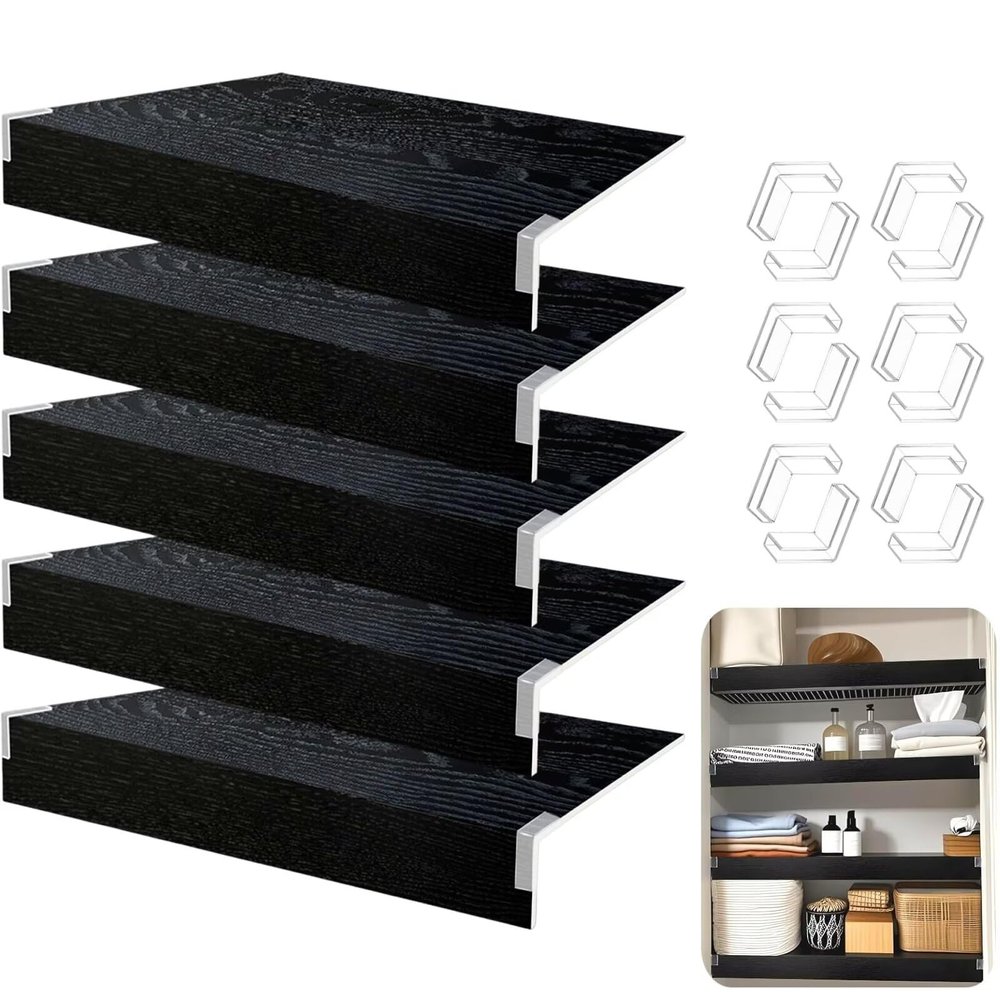 5 PCS Wire Rack Covers Black 1840 In, 0.3 In Thick Faux Wood Shelf Covers for Wire Shelving, Waterproof PVC Cover for Wires Shelves, 3 In High Wires Shelving Cover for Removable Closet Pantry Cabinet