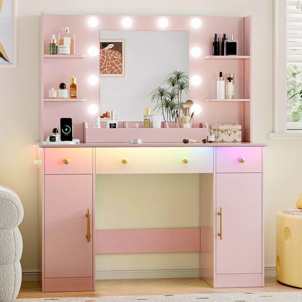 Xixini 43.3" Makeup Vanity Desk with Mirror and Lights, Power Outlet, Pink