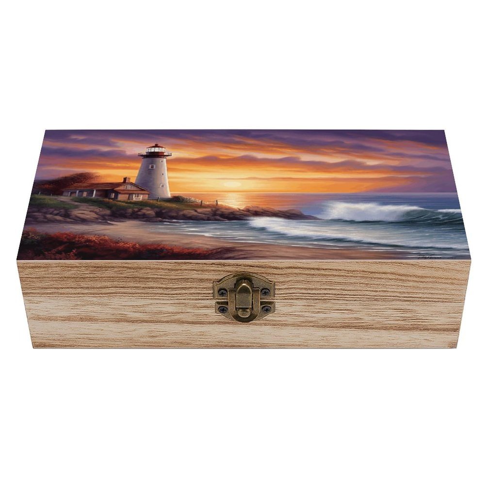 VstaDank Lighthouse at Sunset Wooden Storage Box with Hinged Lid & Front Clasp Exquisite Small Keepsake Boxes with Lids Decorative Gift Jewelry Case Wooden Photo Storage Boxes (7.9" X 3.9" X 2.3")