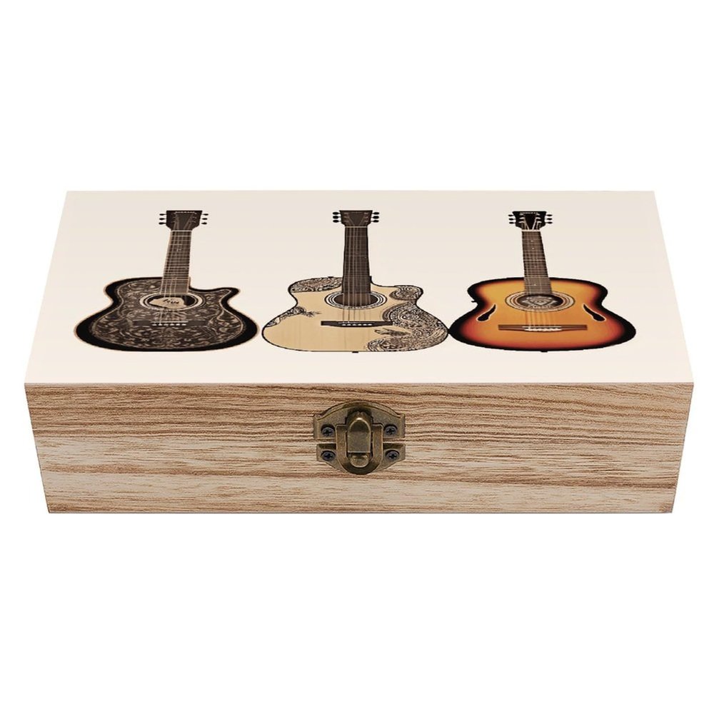 VstaDank Guitar Wooden Storage Box with Hinged Lid & Front Clasp Exquisite Small Keepsake Boxes with Lids Decorative Gift Jewelry Case Wooden Photo Storage Boxes (7.9" X 3.9" X 2.3")