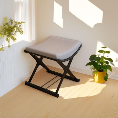 Mid-Century Modern Vanity Stool,Upholstered PU Leather Makeup Stool with Sturdy Metal Frame,Button Tufted Accent Bench for Dressing Table, Small Space Bedroom Or Living Room(Light Gray)