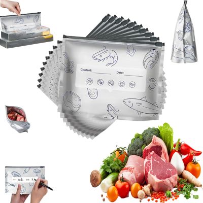 Bolsas De Aluminio Para Guardar Alimentos, Reusable Aluminum Foil Sealable Storage Bag, Stand-Up Bottom Design Preservations Bag, Vacuum Zipper Pouches with Label, For Fruit Meat (L)