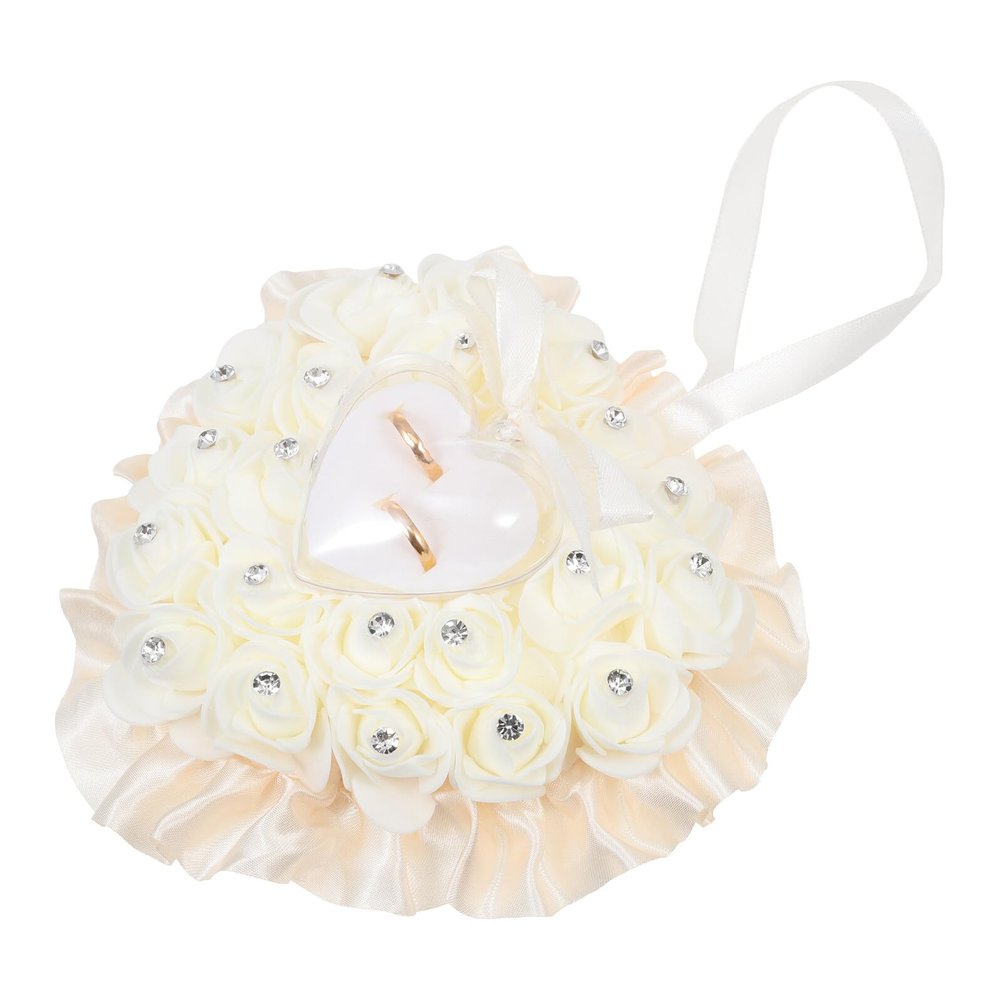JEWEDECO Heart Shaped Wedding Ring Pillow Box with Rose Design and Ribbons