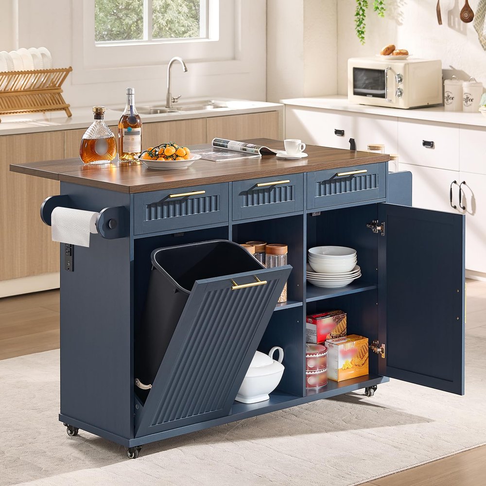 Okvnbjk 57" Rolling Kitchen Island with Storage & Drop Leaf, Navy Blue
