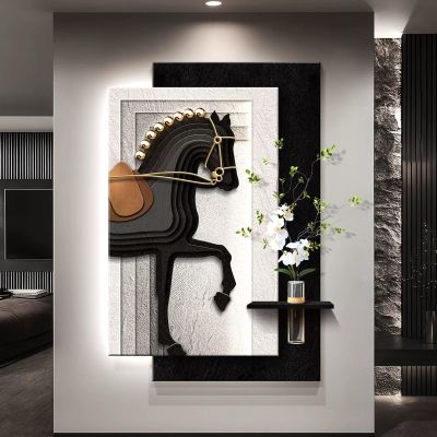 3D Sandstone Entryway Decor Art Painting, Vertical Hanging Paintings with Glass Vase, LED Wall Decor Sculpture with Remote Control, 3D LED Wall Art Decors for Office, Corridor(Black,90x130cm/35x51in)