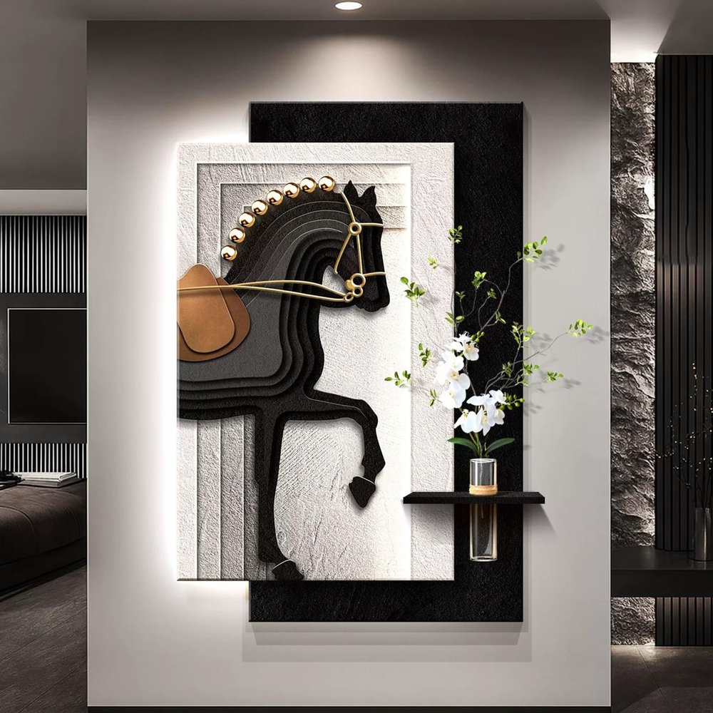 3D Sandstone Entryway Decor Art Painting, Vertical Hanging Paintings with Glass Vase, LED Wall Decor Sculpture with Remote Control, 3D LED Wall Art Decors for Office, Corridor(Black,90x130cm/35x51in)