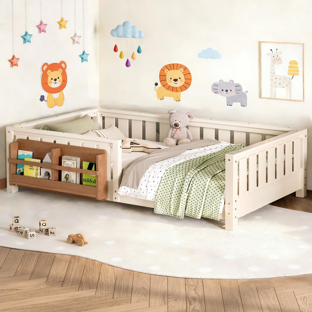 Bellemave Twin Size Montessori Floor Bed Frame, Kids Floor Bed Twin with Bookshelf and Safety Guardrails for Girls Boys, Beige