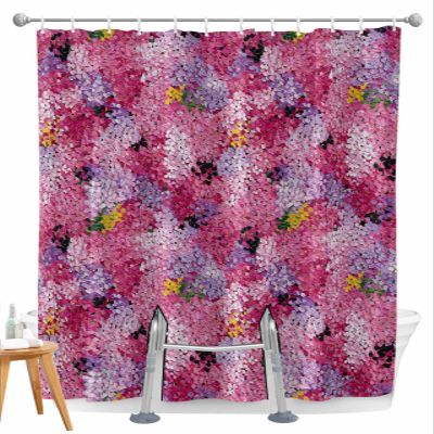 Split Shower Curtain for Transfer Bench, Cherry Blossom Extra Long Shower Curtains 96 Inches for Bathroom/Tub, Pink Purple Flowers Modern Oil Painting Art Waterproof Fabric Shower Curtain Set,