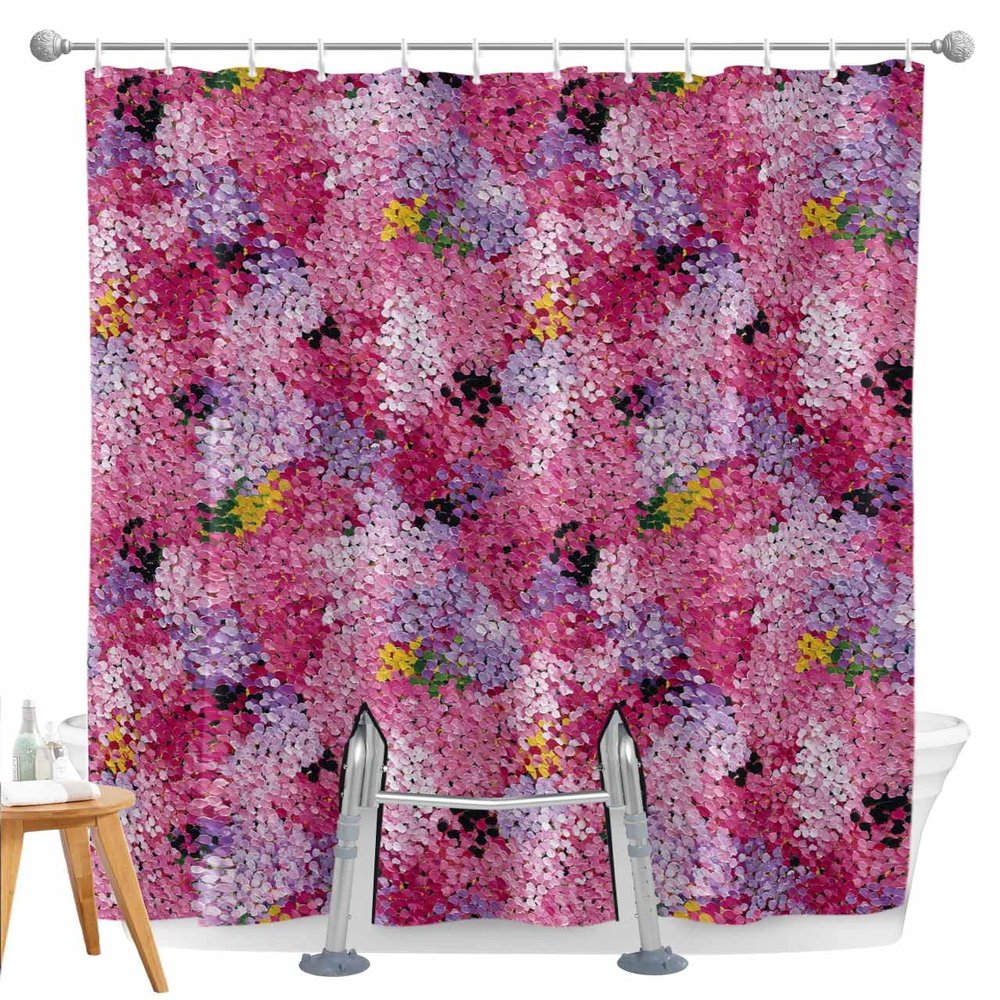 Split Shower Curtain for Transfer Bench, Cherry Blossom Extra Long Shower Curtains 96 Inches for Bathroom/Tub, Pink Purple Flowers Modern Oil Painting Art Waterproof Fabric Shower Curtain Set,