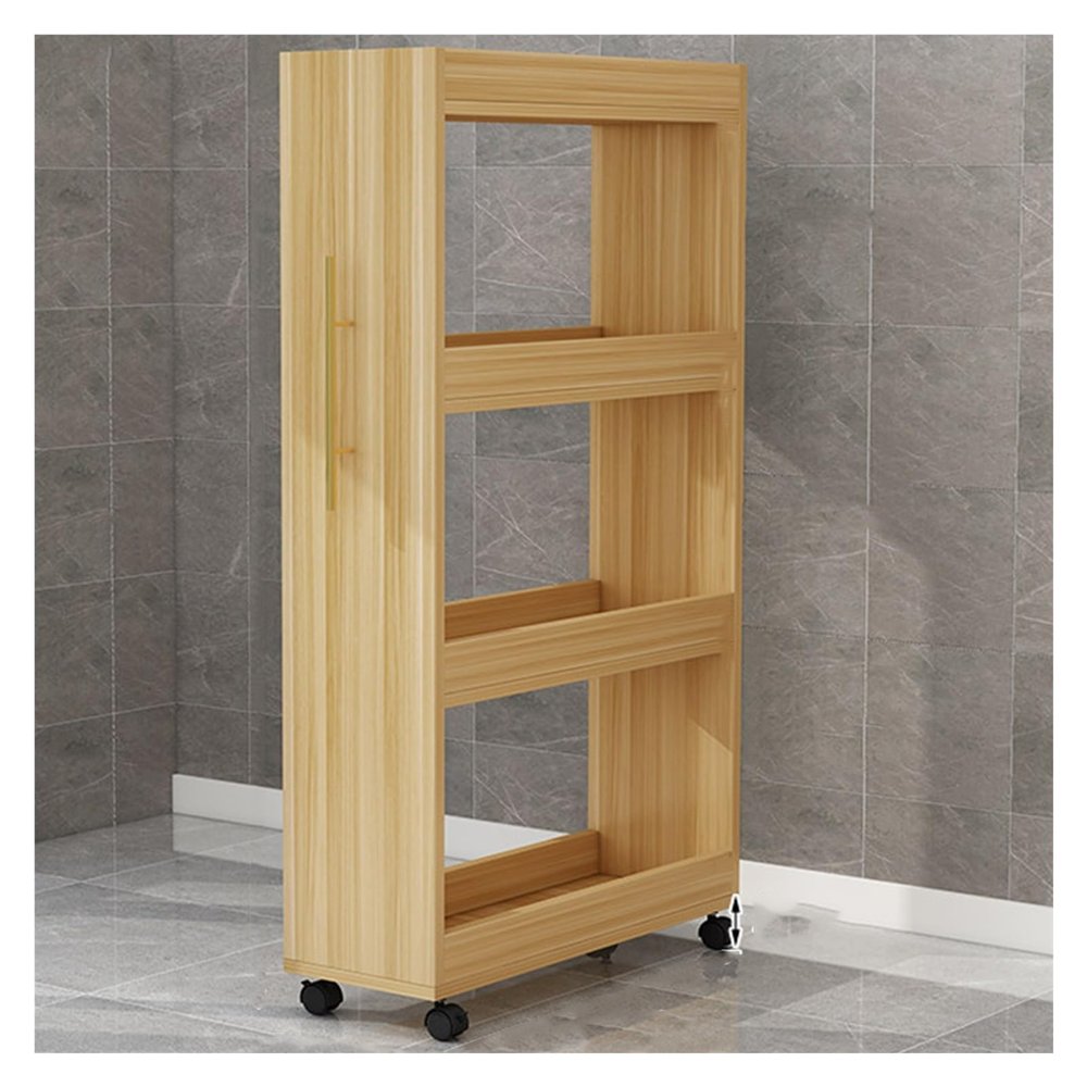 4 Tier Slim Storage Cart with Wheels, Narrow Pull-Out Utility Cart with Handle, Next to Fridge Storage Spice Rack for Kitchen Bakers Pantry Dining Room(Wood Color,60x25x120cm)
