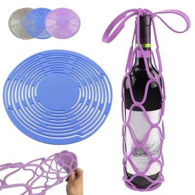 2026 Upgrade Multi-use Silicone Storage Bag Organizer, Silicone Wine Carrier Bag, Heavy Duty Portable Drink Coaster & Bags, Wine Holder Handheld Bottle Mesh Coaster for Fruits, Drinks, and hot Dishes