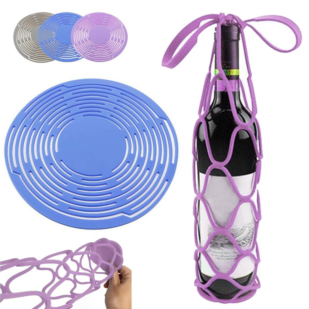 2026 Upgrade Multi-use Silicone Storage Bag Organizer, Silicone Wine Carrier Bag, Heavy Duty Portable Drink Coaster & Bags, Wine Holder Handheld Bottle Mesh Coaster for Fruits, Drinks, and hot Dishes