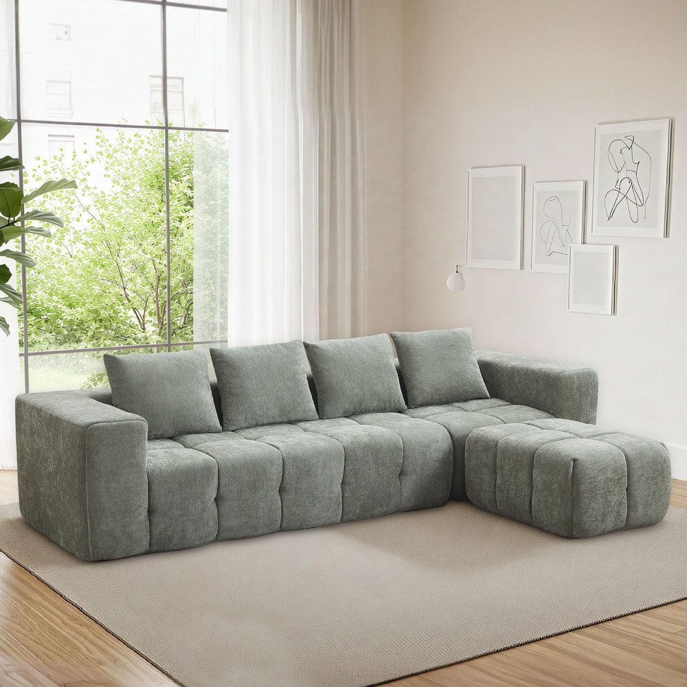 119" Oversized Cloud Boneless Couches for Living Room, Modern Tufted Modular Sectional Sofa with Deep Seat & Movable Ottoman, L Shaped Memory Foam Chenille Couch, No Assembly Required, Green
