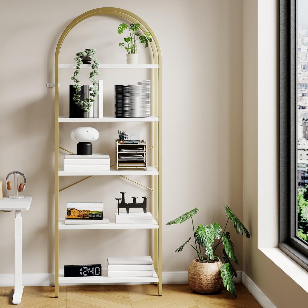 71 Inch Arched Bookshelf 5 Tier Bookcase, Home Office Shelf Storage Organizer, Modern Book Shelf for Bedroom, Living Room, Offices, Tall Shelf for CDs,Books, Home Office Shelf, Storage Organizer, Gold