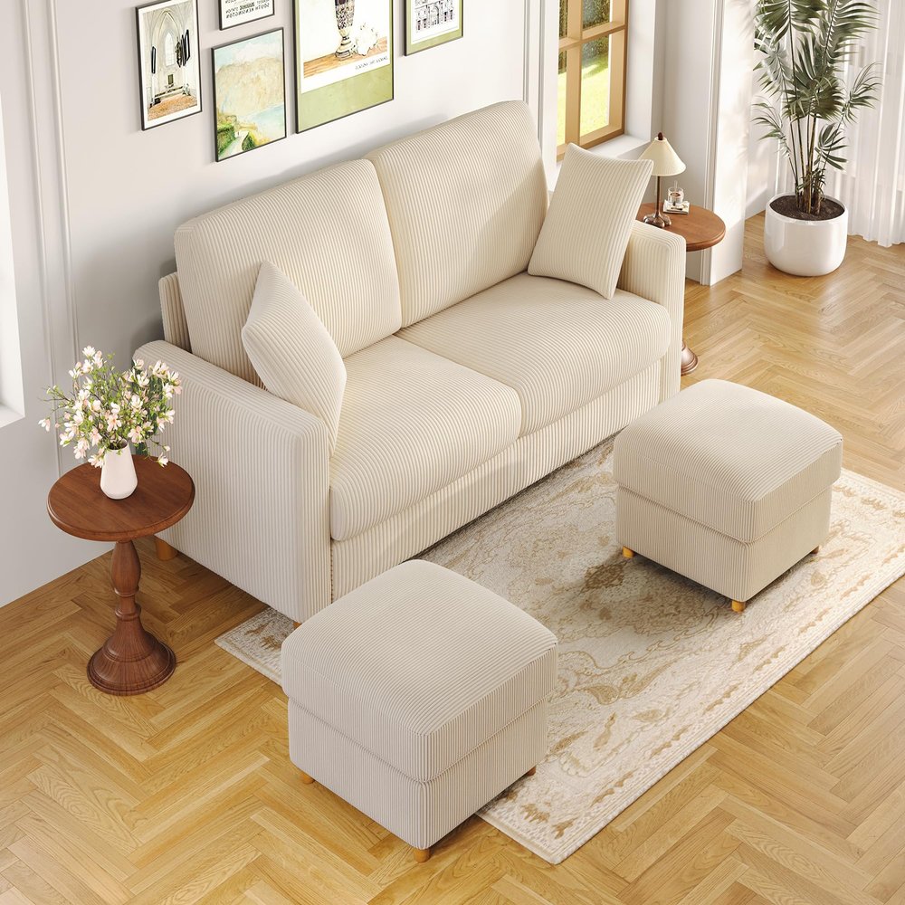 Kidirect 70in U Shaped Couch, Modular Sofa No Tool Assembly, Comfy Sectional Couches for Living Room 21in Deeper Seats, Corduroy Sofas for Living Room with 2 Pillows, Loveseat Sofa Set, Beige Couch