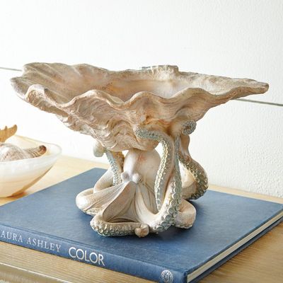 BLACK FOREST DECOR Octopus and Shell Serving Dish 13 Inch Coastal Resin Tabletop Accent with Hand Painted Vintage Finish Nautical Decorative Bowl