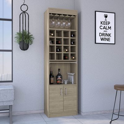 Bar Cabinet, Double Door, Two Shelves, Sixteen Built in Wine Rack Light Pine