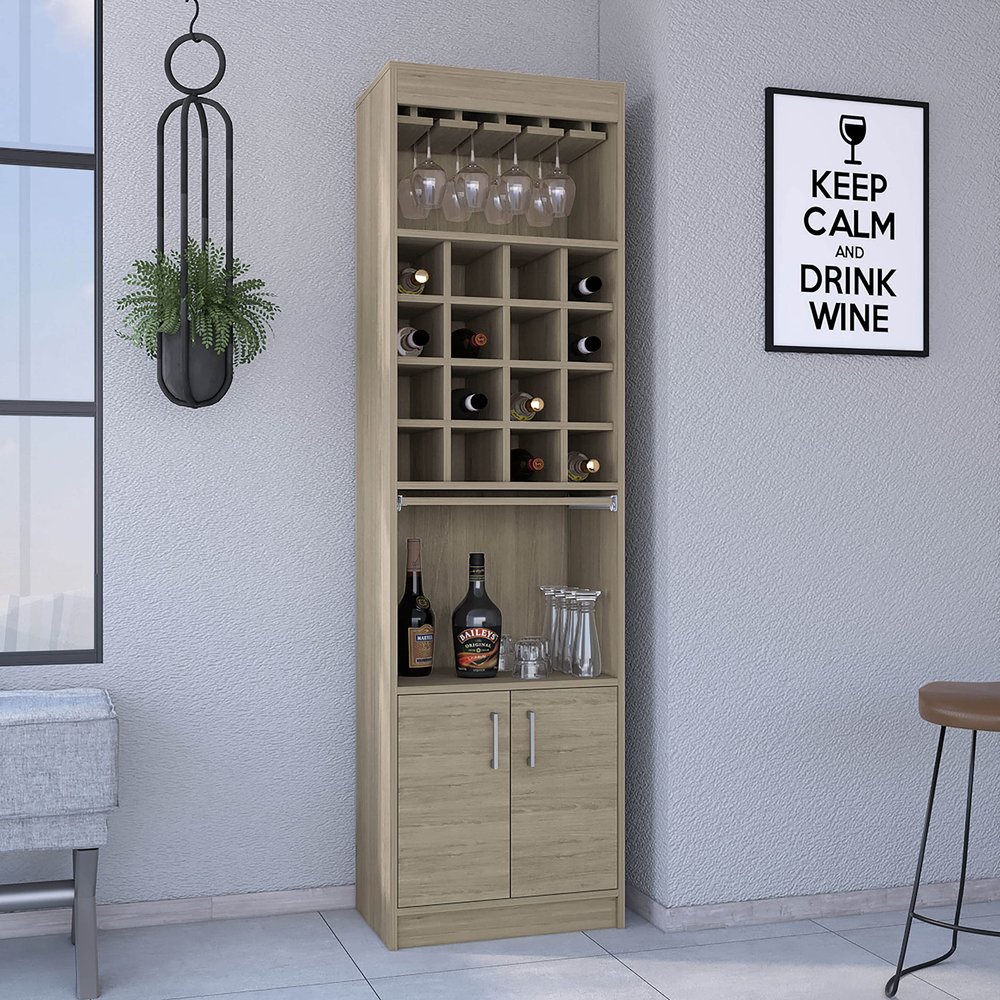 Bar Cabinet, Double Door, Two Shelves, Sixteen Built in Wine Rack Light Pine