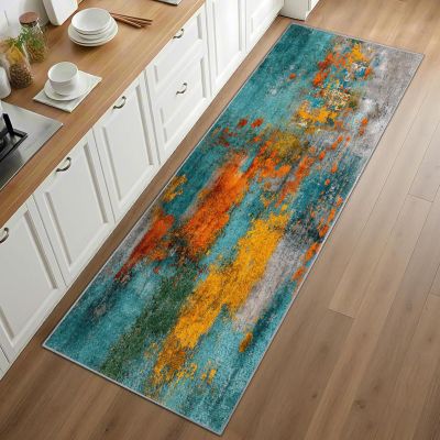 Reocahoo Modern Abstract Runner Rug 2.6x10ft, Colorful Long Hallway Rug, Teal Blue Burnt Orange Runner, Low-Pile Stain Resistant Rugs, for High Traffic Areas in Home Office