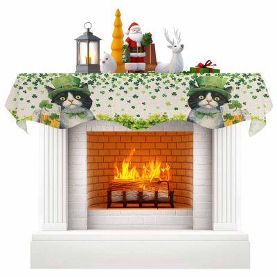 Fireplace Mantel Scarf 90x17 Inches, St. Patrick's Day Mantle Cover for Fireplace, Vintage Cute Cat Beer Green Clovers Mantel Shelf Top Scarves for Christmas, Halloween, Thanksgiving Party Decor