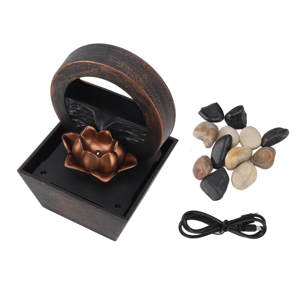 Tabletop Water Fountain USB Powered with LED Lights Golden Flower Decoration Stone Water Fountain Ornaments for Living Room Office Plastic 17x11.7x11.7cm