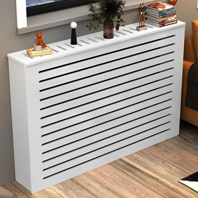 Radiator Cover Heating Cabinet Storage Shelf, White Louvered Design, Stand for Old Radiators, Modern Style, Durable and Functional Home Solution