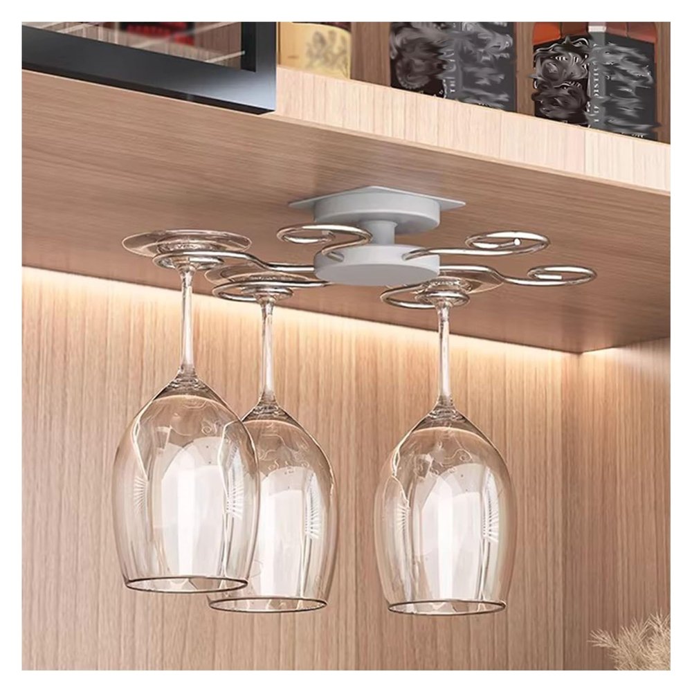 360 Rotating Wine Glass Rack, Self-adhesive Under Cabinet Hanging Wine Glass Storage Rack Holds 6 Wine Glasses(Gray)