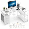 Alpen L Shaped Gaming Desk with Power Outlets, 55 Inch Computer Desk with 3 Drawers and Shelves, Corner Desk for Gaming, Study Writing PC Table with Storage and Reversible Shelf, White view 1