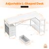 Alpen L Shaped Gaming Desk with Power Outlets, 55 Inch Computer Desk with 3 Drawers and Shelves, Corner Desk for Gaming, Study Writing PC Table with Storage and Reversible Shelf, White view 2
