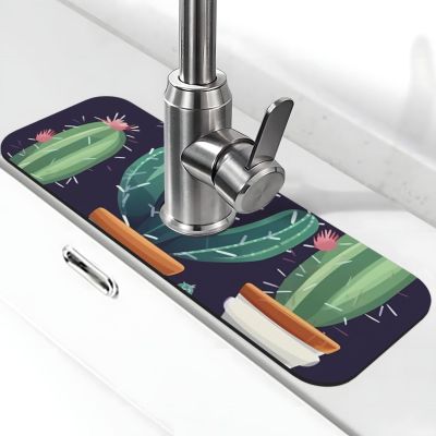 Cactus Succulent plant Faucet Mat for Kitchen Sink Splash Guard, Diatomite Absorbent Fast Drying Mat Faucet Draining Mat Sink Tray - Splash Guard Behind Faucet Drip Catcher 15 x 5.5 Inch