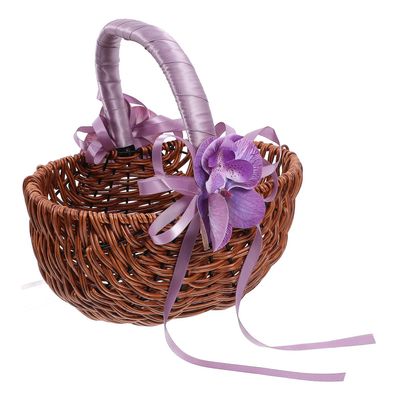 HOOTNEE Wedding Flower Girl Basket Purple Handle, Handwoven Wood and Plastic Small Rustic Basket for Wedding Petal Storage and Ceremony Supplies,