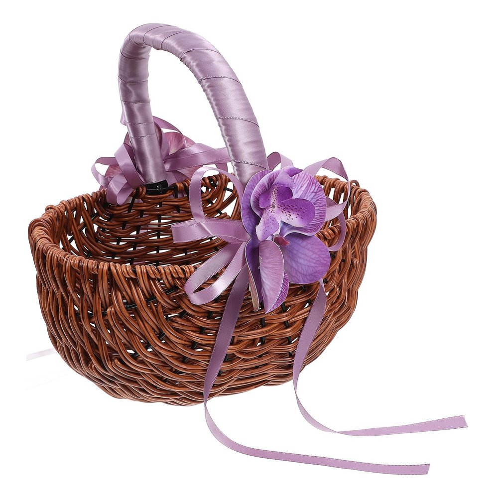 HOOTNEE Wedding Flower Girl Basket Purple Handle, Handwoven Wood and Plastic Small Rustic Basket for Wedding Petal Storage and Ceremony Supplies,