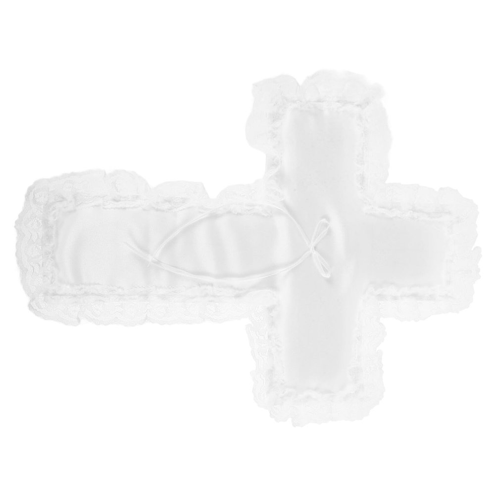 Ivory Cross Wedding Ring Bearer Pillow, Satin Lace Cushion for Ceremony