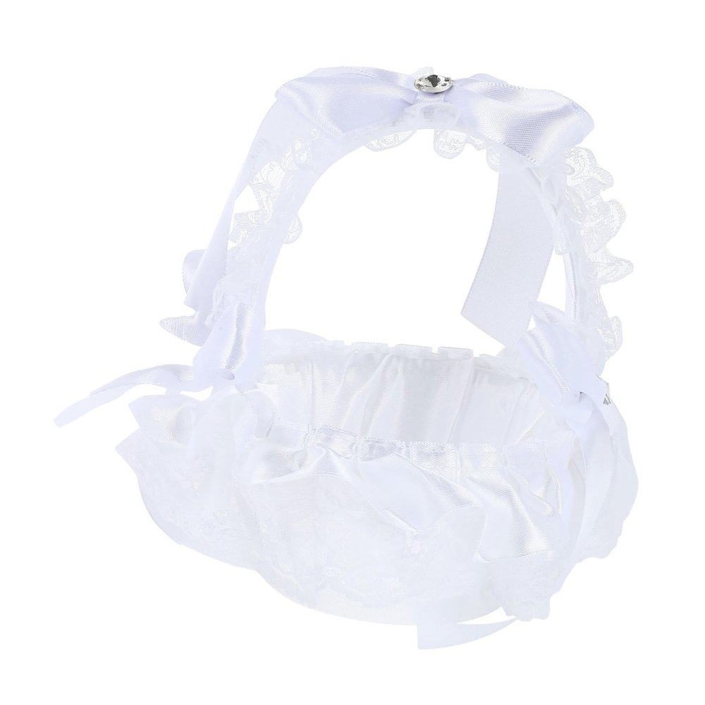 COLLBATH Romantic Wedding Flower Basket with Lace Design Small Handheld Decorative Basket White Multi-purpose for Ceremony Supplies