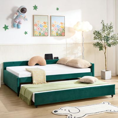 Bellemave Full Corner bedframe with Trundle and USB,Upholstered daybed with Trundle, L-Shape daybed for Bedroom Living Room, Emerald + Velvet