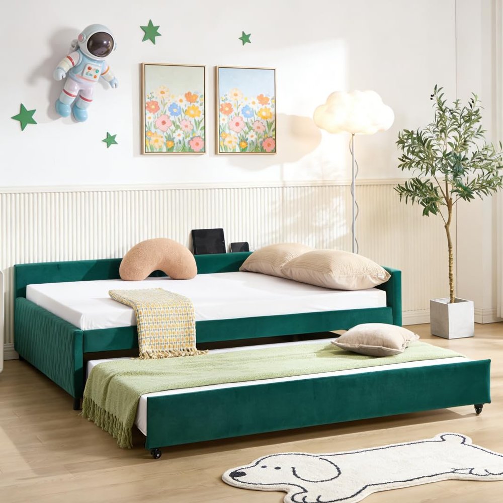Bellemave Full Corner bedframe with Trundle and USB,Upholstered daybed with Trundle, L-Shape daybed for Bedroom Living Room, Emerald + Velvet
