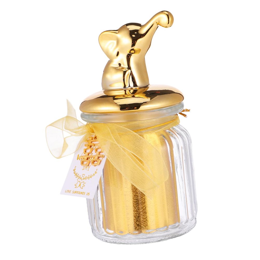 KOMBIUDA Glass Candy Jar with Ceramic Animal Lid, Sealed Glass Snacks Canister for Wedding Favors, Small Gold-trimmed Elephant Design Candy Storage Box for Party