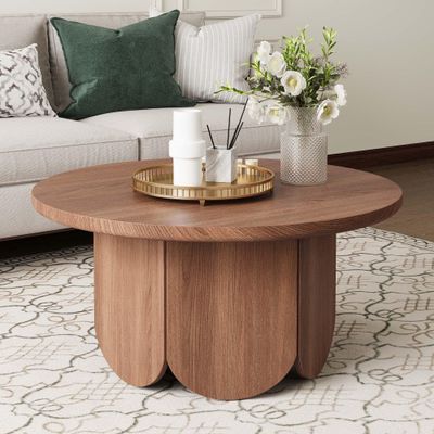 31.5 Round Small Coffee Table - Premium Wood Modern Center Tables with Petal-Shaped Base for Living Room, Apartment & Small Space, Easy Assembly
