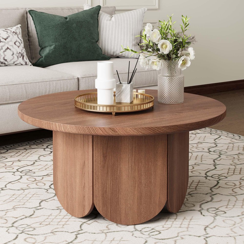 31.5 Round Small Coffee Table - Premium Wood Modern Center Tables with Petal-Shaped Base for Living Room, Apartment & Small Space, Easy Assembly